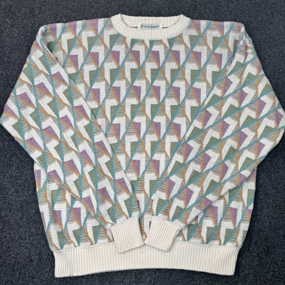 Vintage SteepleChase Geometric Sweater 90s Grandpa Abstract Knit Pastel